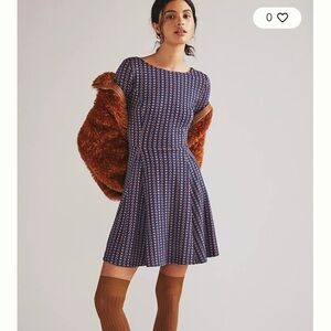 Anthropologie Jacquard Knit A-Line Mini Dress Large Blue Orange Sweater Dress